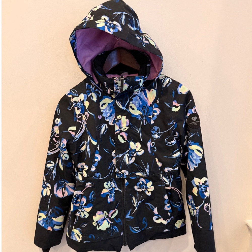 Obermeyer Kids Floral Ski Jacket Black Blue Hooded Winter Coat Teen M 10-12